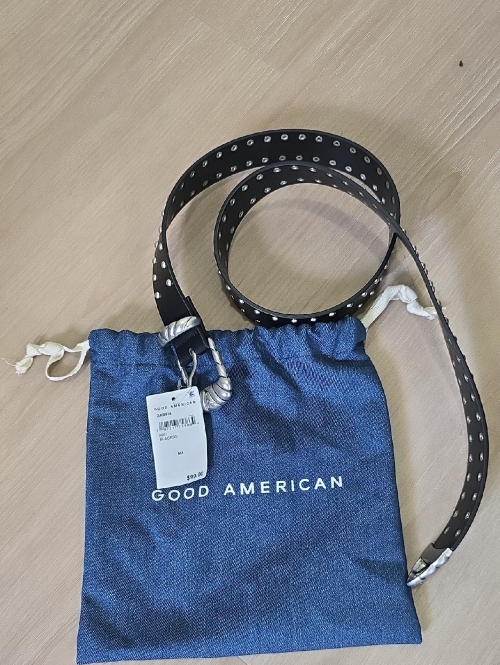 Good American Black Leather Belt with Silver Studs
